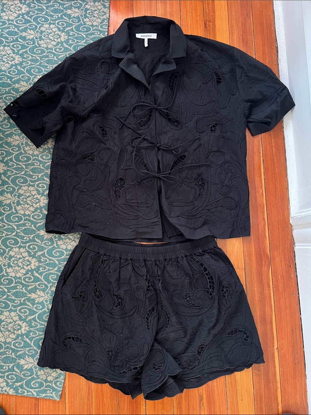 ARRANGE Black Eyelet Two-Piece Shirt & Shorts Set